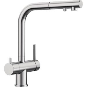 1525199 Miscelatore a 3 vie comandi ed erogatori separati e doccetta estraibile FONTAS-S II - 3 vie - PVD Steel BLANCO